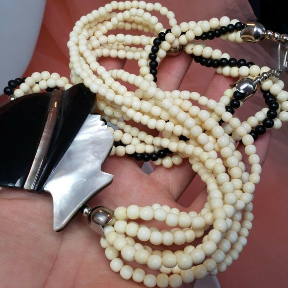 Mother of Pearl & Bone Bead Statement Necklace Black White Multi Strand Necklace - Picture 9 of 12